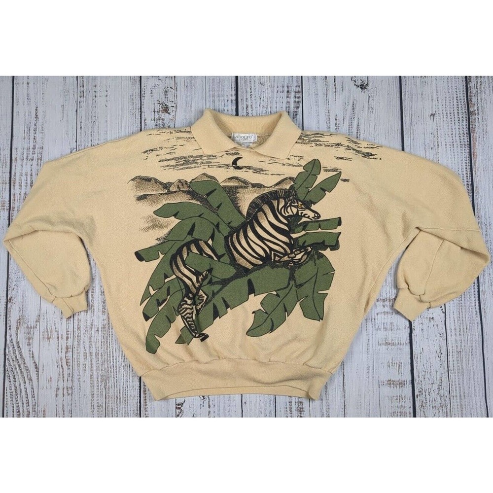 Vtg Adolfo Sport Zebra Safari African Desert‎ Collared Sweatshirt Size Lg Nature